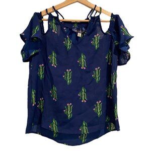 Francescas Cactus Top V Neck Cold Shoulder Top Small Womens Blue Rain Short Slee